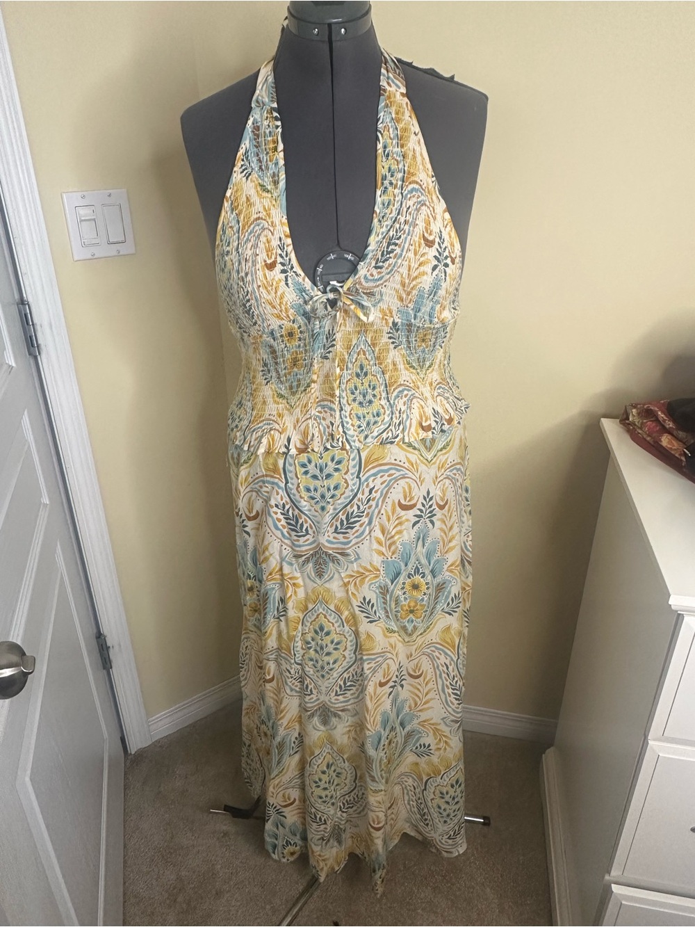 NWT Patrons of Peace Boho Halter Maxi Dress in Yellow Blue size medium - Picture 2 of 9